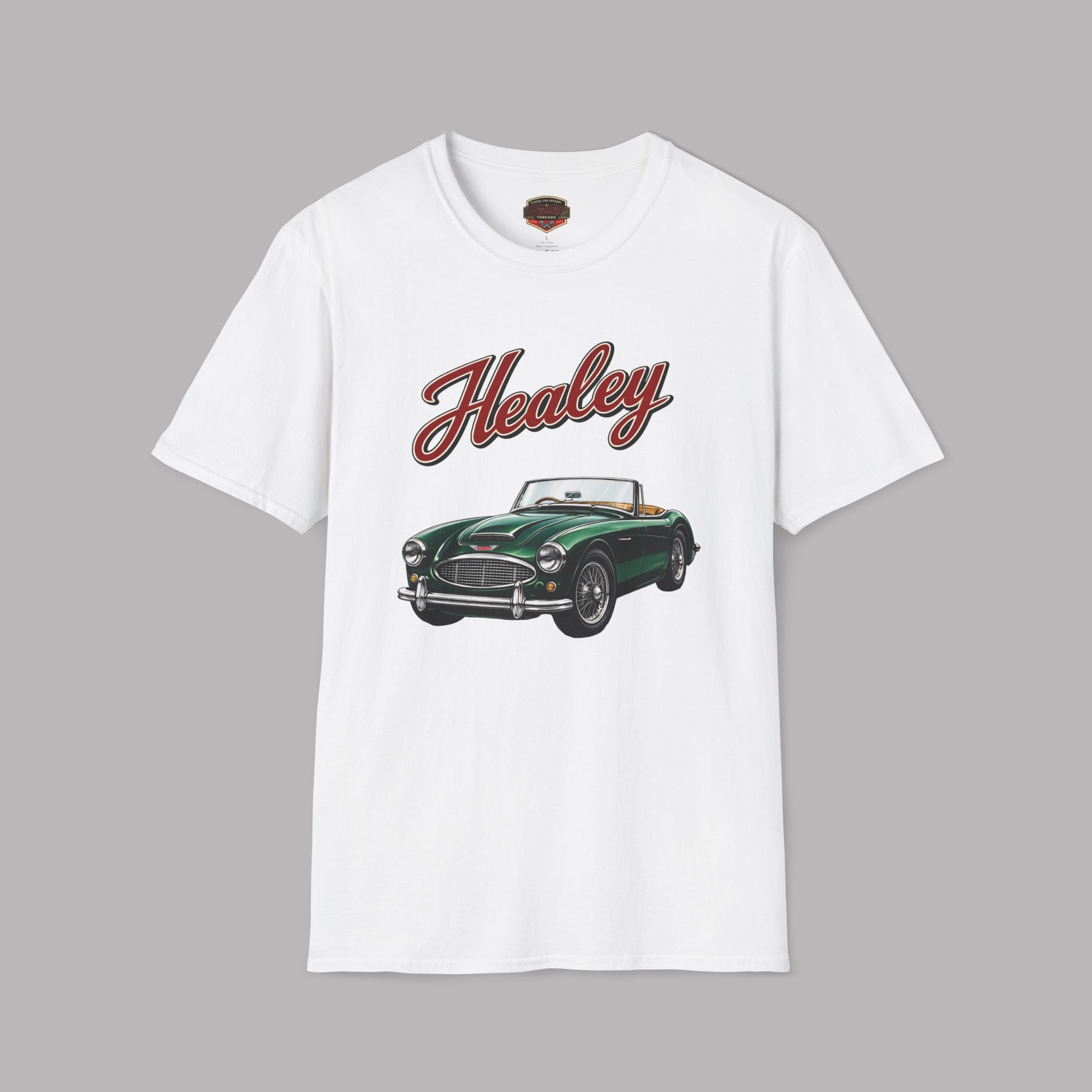 White t-shirt with a green classic car graphic and 'Healey' text on a gray background