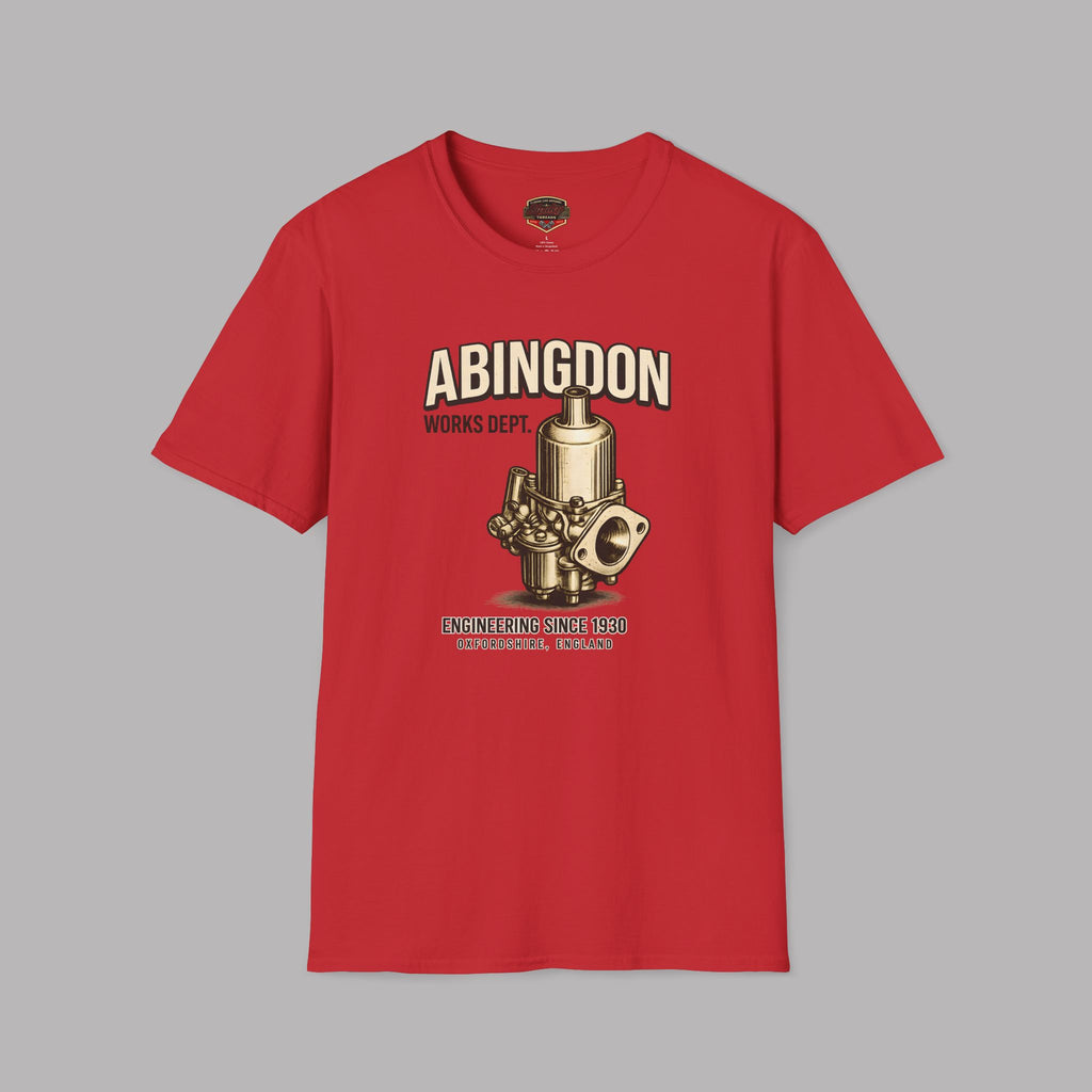 Red t-shirt with a gold carburetor graphic and 'Abingdon' text on a gray background