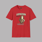 Red t-shirt with a gold carburetor graphic and 'Abingdon' text on a gray background