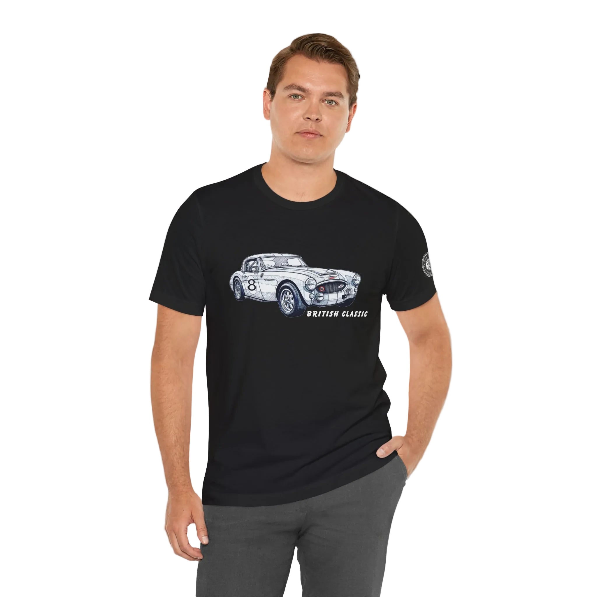 Man wearing a black t-shirt with a car graphic on a white background