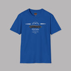 Royal blue t-shirt with vintage car graphic and text on a gray background