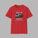 Red  t-shirt with a classic car and gray text on a gray background