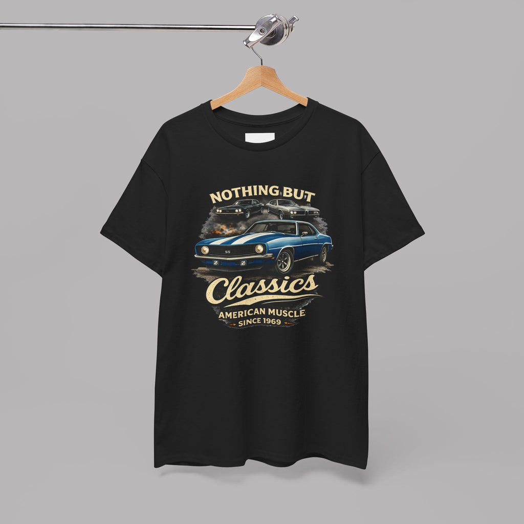 Black t-shirt with car graphic and text on a hanger against a gray background