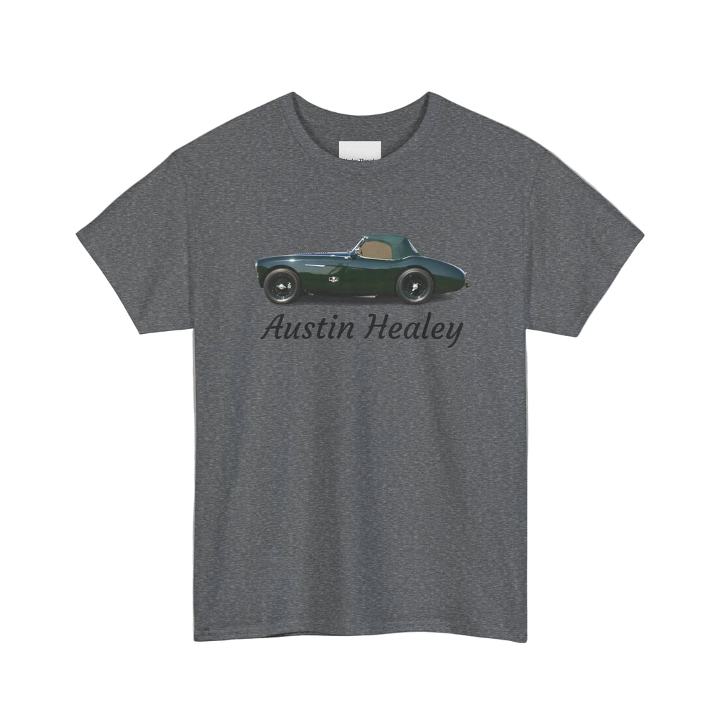 Gray t-shirt with Austin Healey car graphic on a white background