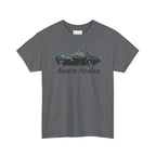 Gray t-shirt with Austin Healey car graphic on a white background