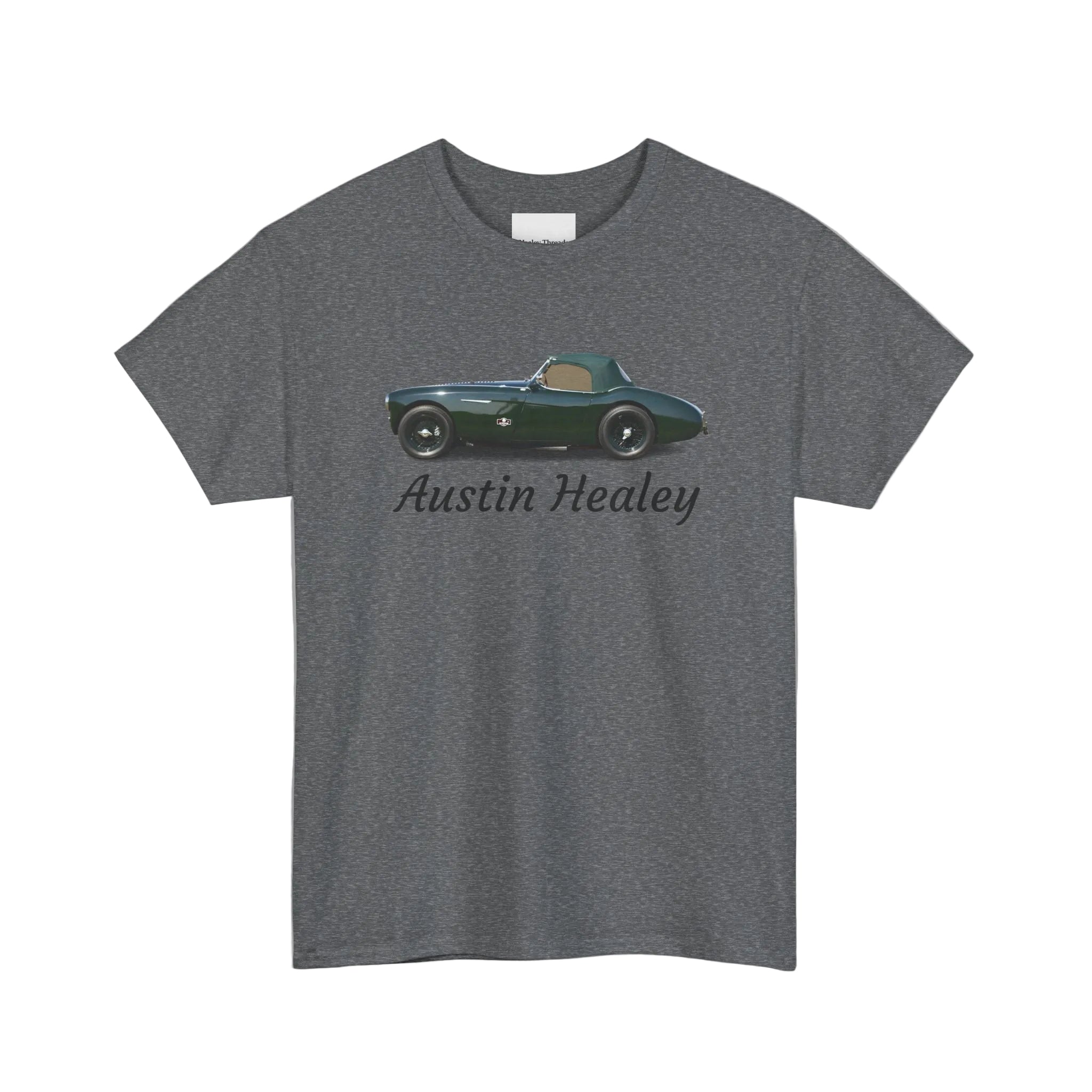 Gray t-shirt with Austin Healey car graphic on a white background