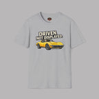 Sport gray t-shirt with a yellow muscle car graphic and text 'Driven. Not Displayed.' on a gray background
