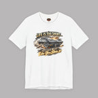 White t-shirt with a classic car graphic design and text on a gray background