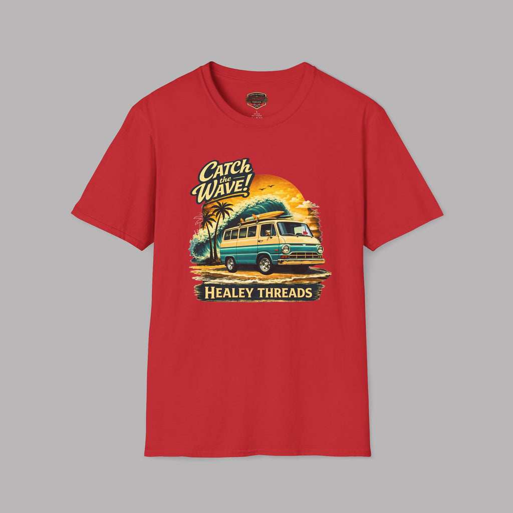 Red t-shirt with a graphic design of a van and text on a gray background