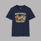 Navy blue t-shirt with 'Born to Race' graphic on a gray background