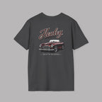 Back of dark heather  t-shirt with a red classic car graphic and 'Healey' text on a gray background