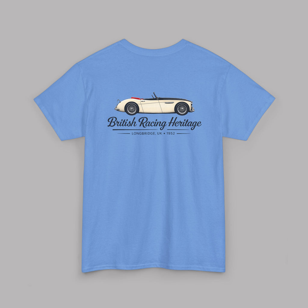 Back of blue t-shirt with a Healey classic car graphic design on a gray background