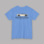 Back of blue t-shirt with a Healey classic car graphic design on a gray background