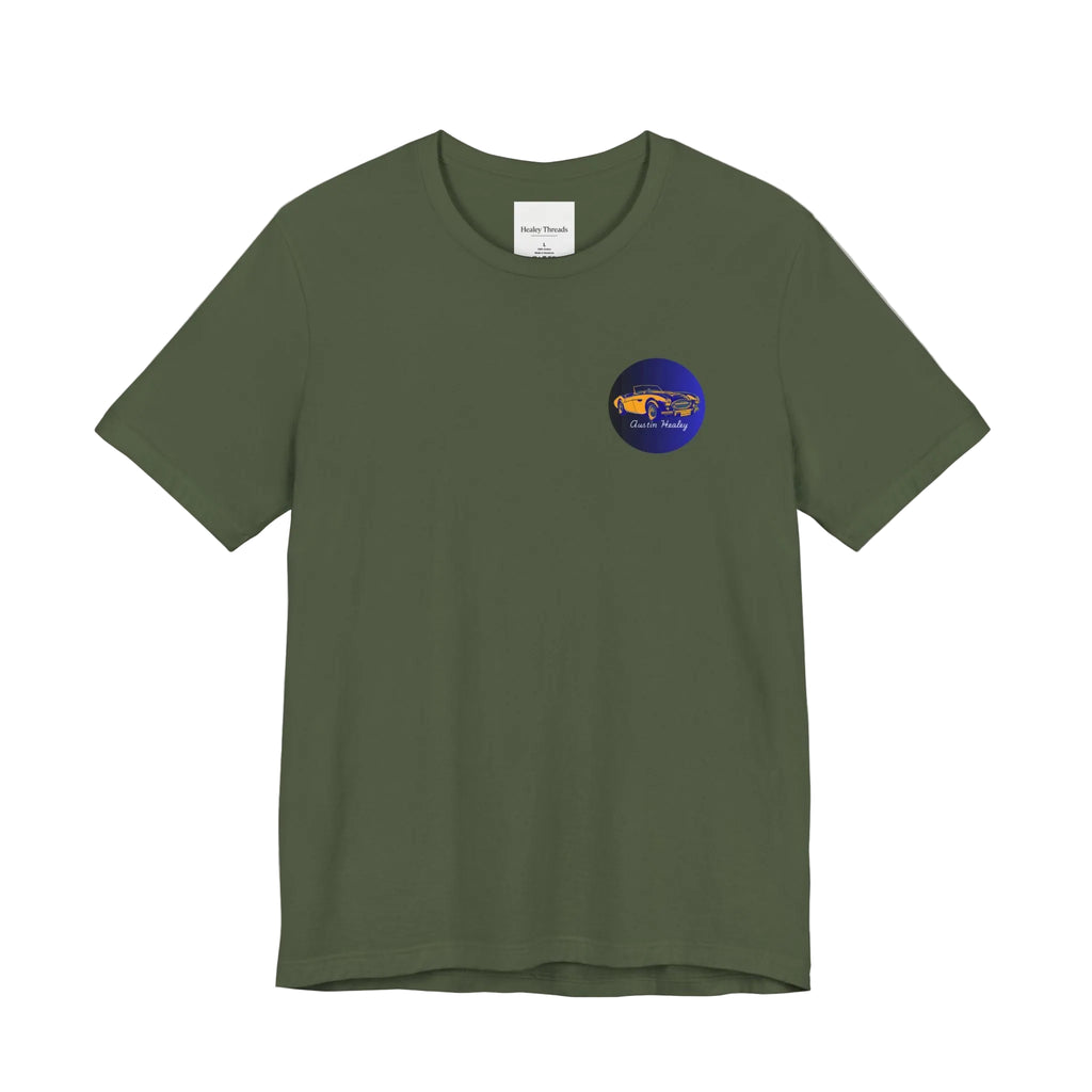 Military green t-shirt with a small logo on a white background