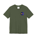 Military green t-shirt with a small logo on a white background