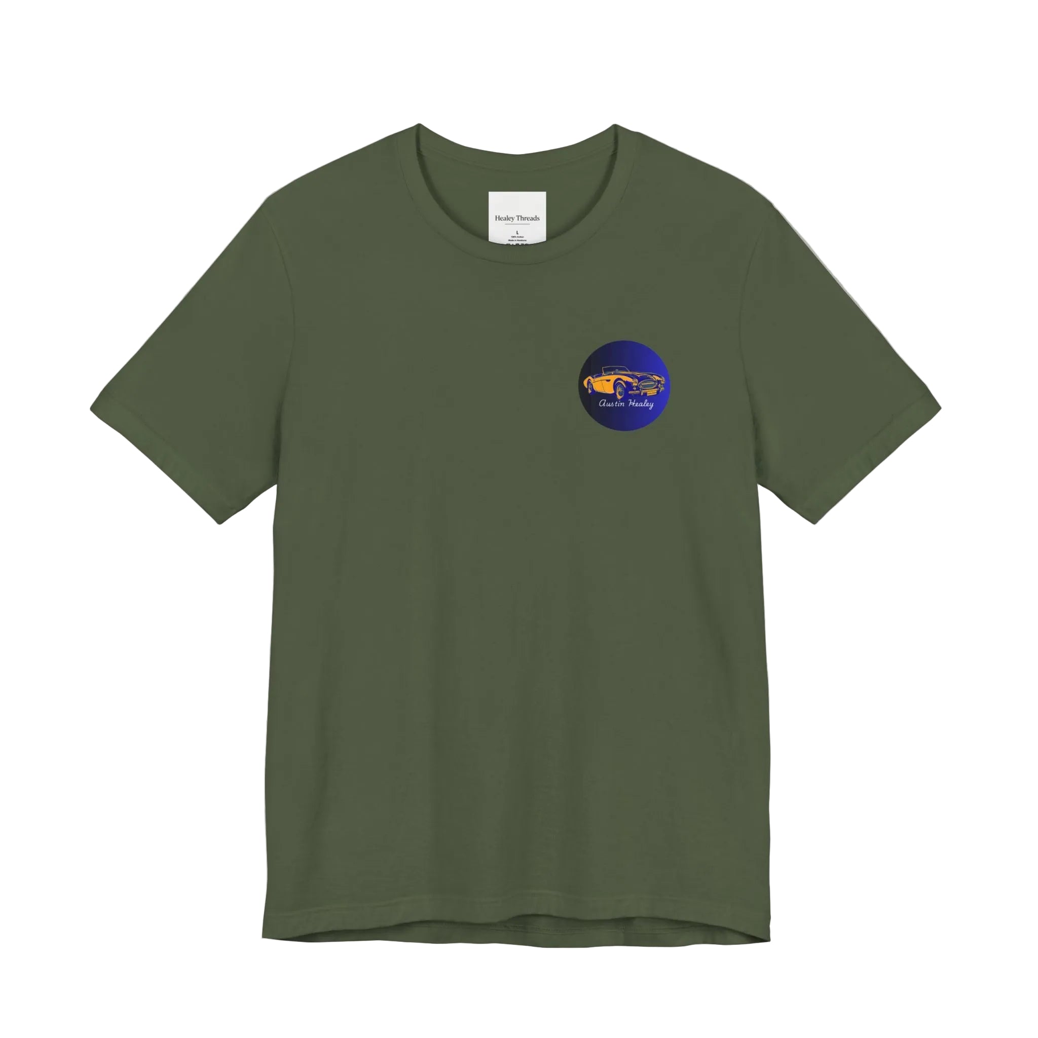 Military green t-shirt with a small logo on a white background