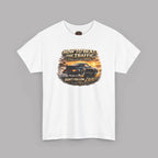 White t-shirt with a classic car graphic design on a gray background