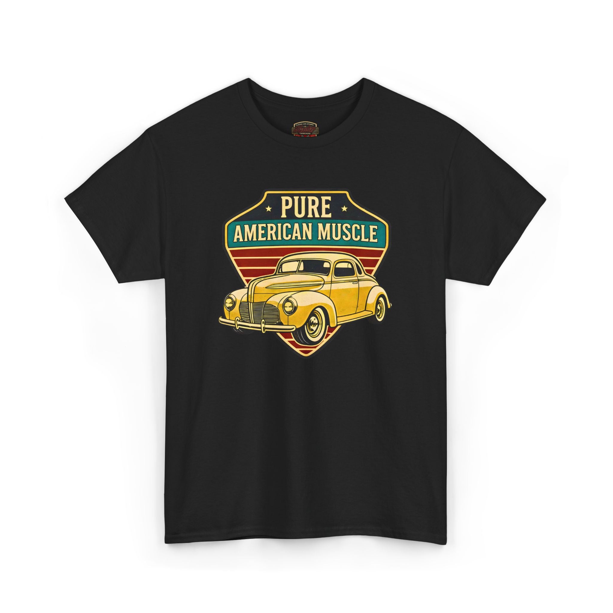 Black t-shirt with a graphic of a vintage car and 'Pure American Muscle' text on a white background
