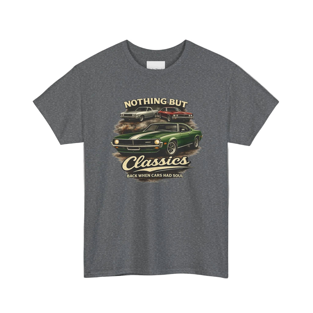 Gray t-shirt with classic car graphic and text on a white background
