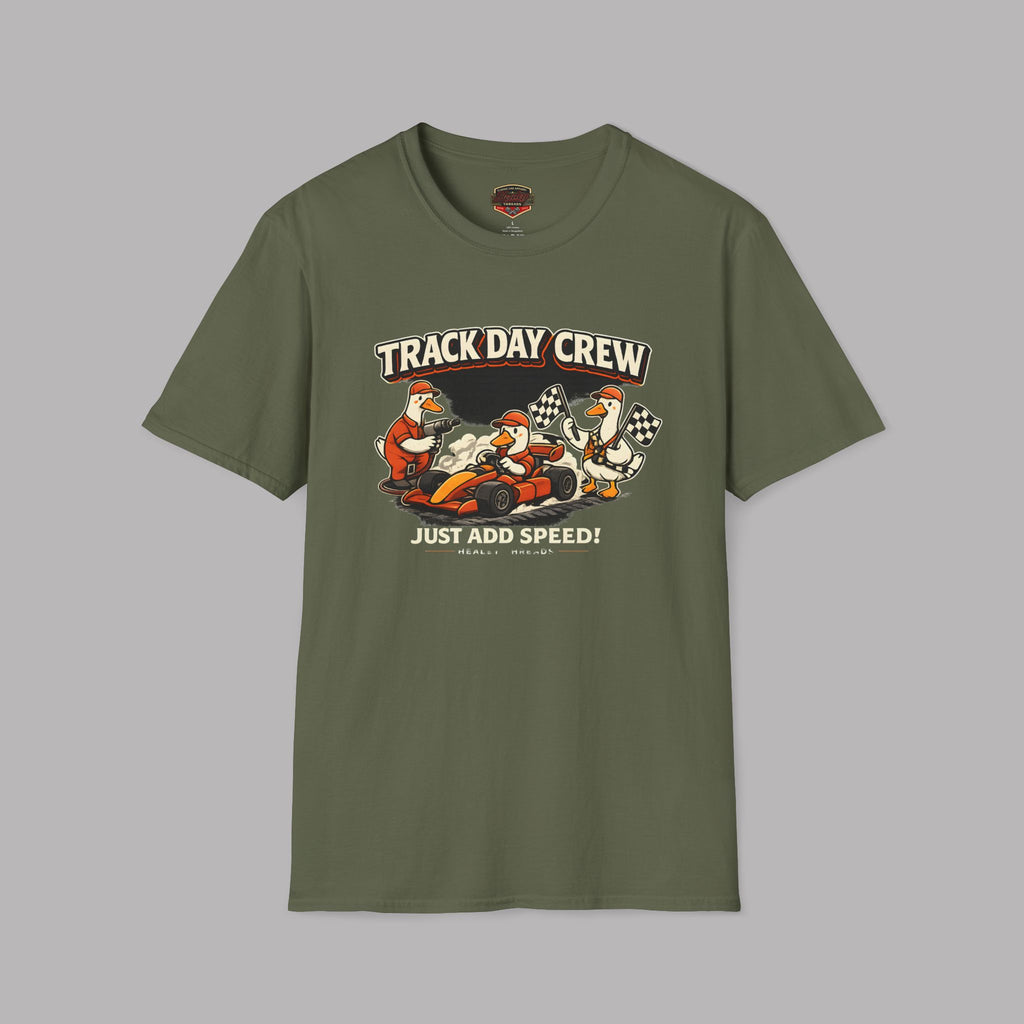 Military green t-shirt with 'Track Day Crew' graphic on a gray background