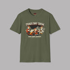 Military green t-shirt with 'Track Day Crew' graphic on a gray background