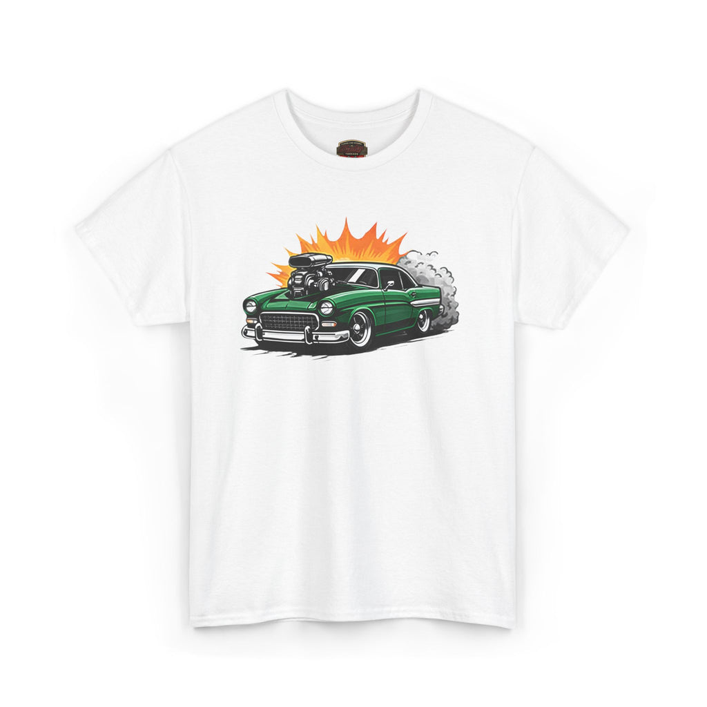 White t-shirt with a green car graphic on a white background