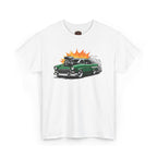 White t-shirt with a green car graphic on a white background