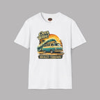 White t-shirt with a classic graphic design of a vintage van and palm trees on a gray background