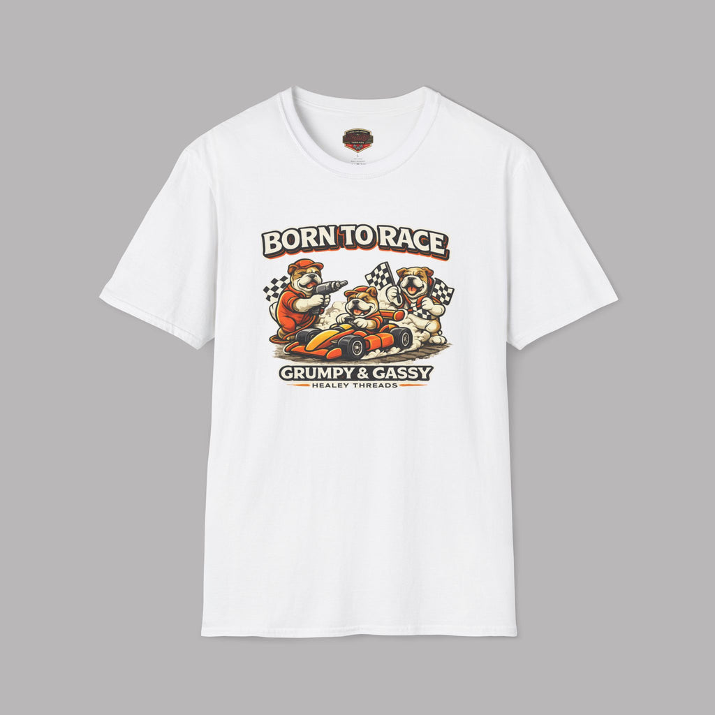 White t-shirt with cartoon bear design and text on a gray background