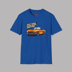 Royal blue t-shirt with an orange car graphic and text on a gray background