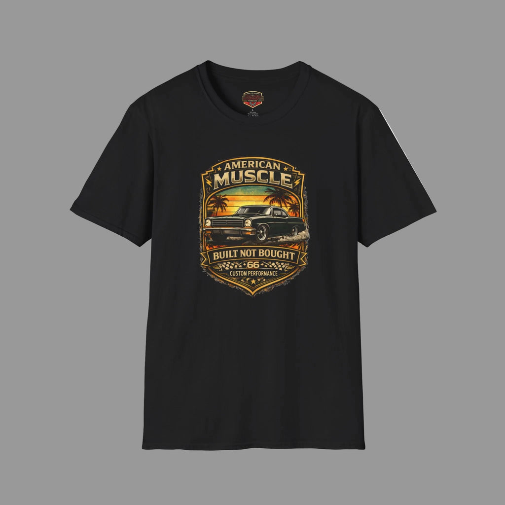 Black t-shirt with 'American Muscle' car graphic design on a gray background