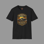 Black t-shirt with 'American Muscle' car graphic design on a gray background