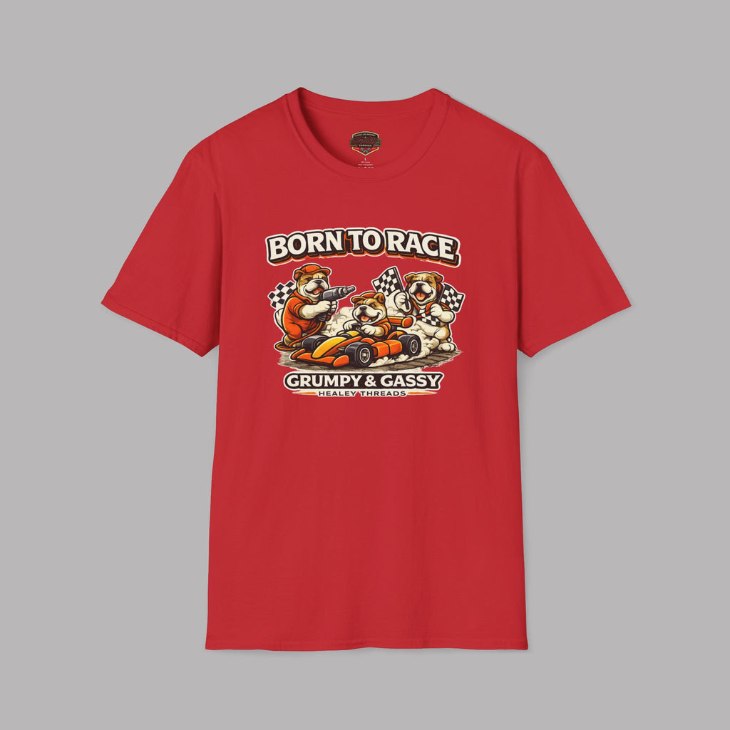 Red t-shirt with cartoon bears racing and 'Born to Race' text on a gray background