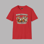 Red t-shirt with cartoon bears racing and 'Born to Race' text on a gray background