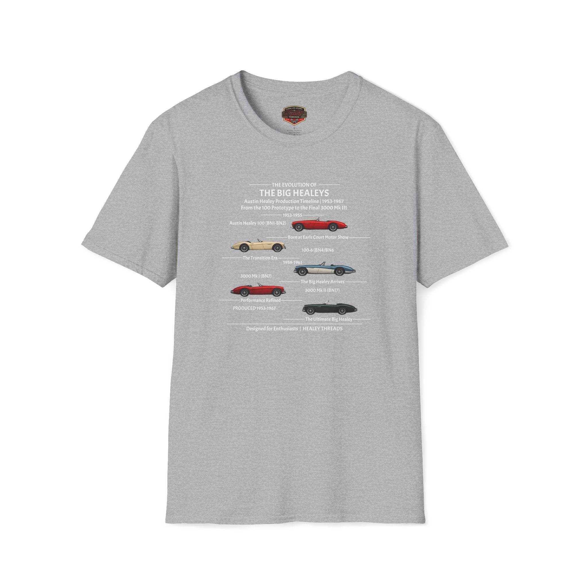 Sport gray Austin-Healey timeline t-shirt (1953–1967 models)