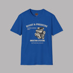 Royal blue t-shirt with supercharged engine graphic and text on a gray background