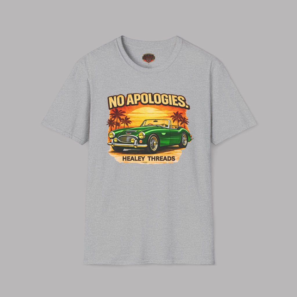 Sport gray t-shirt with a graphic of a classic green car and 'No Apologies' text on a gray background