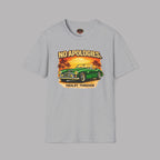 Sport gray t-shirt with a graphic of a classic green car and 'No Apologies' text on a gray background