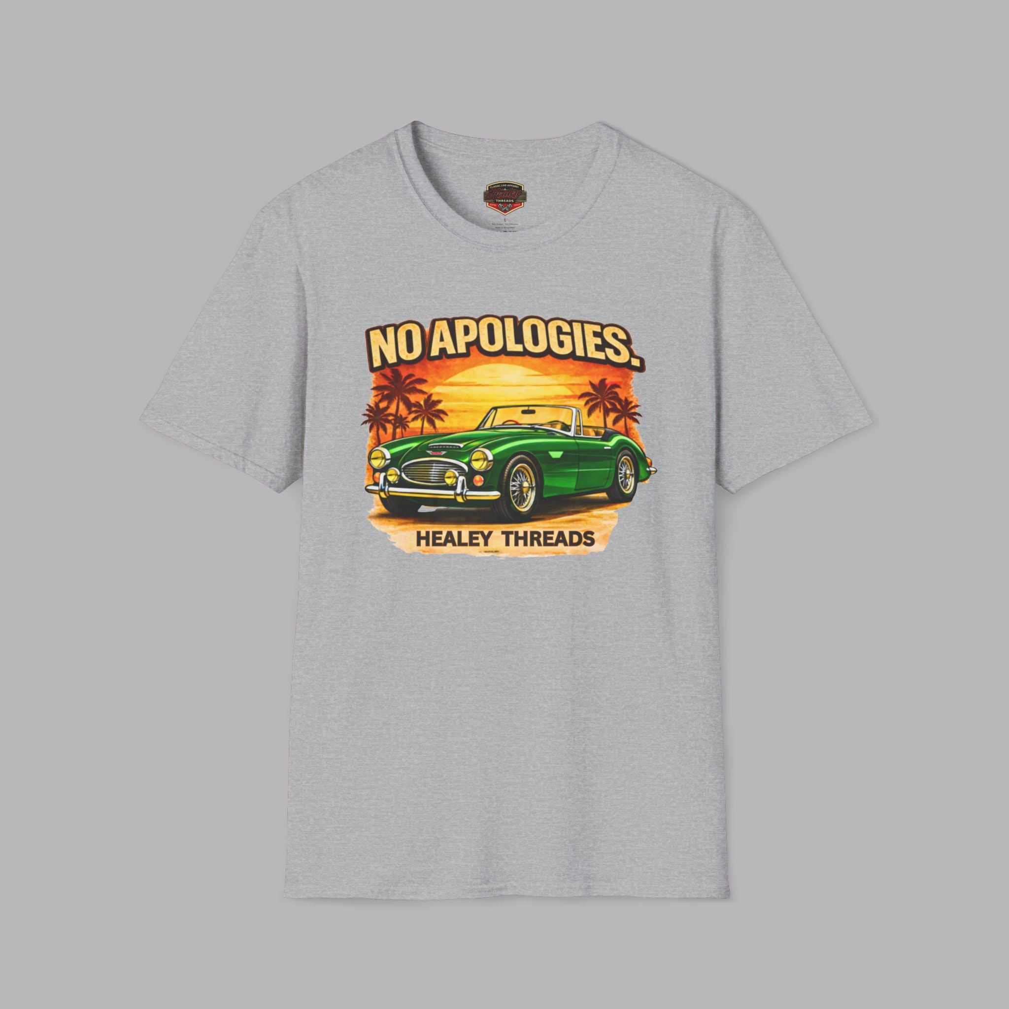 Sport gray t-shirt with a graphic of a classic green car and 'No Apologies' text on a gray background