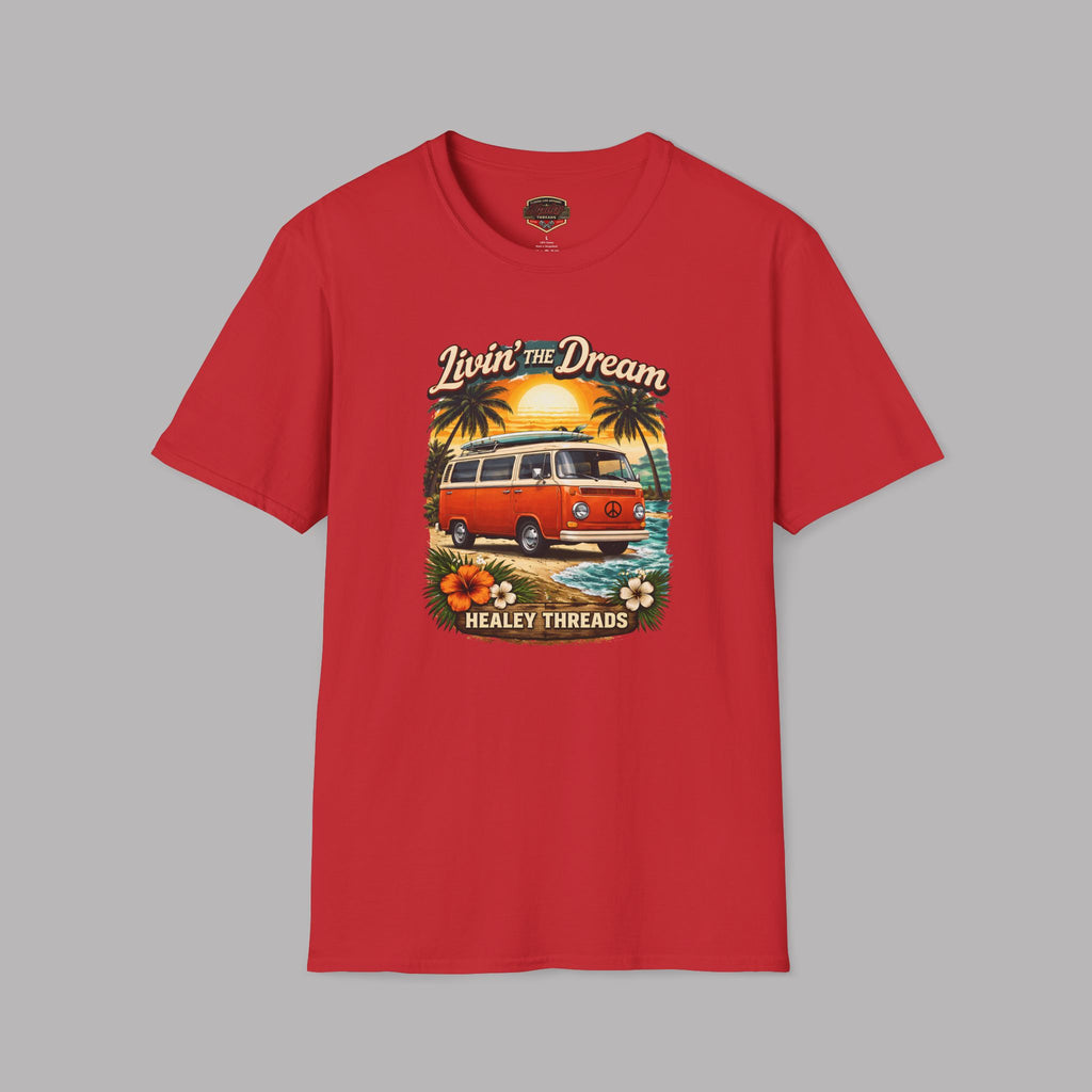Red t-shirt with a graphic design of a van and palm trees on a gray background