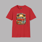 Red t-shirt with a graphic design of a van and palm trees on a gray background