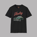 Black t-shirt with a green classic car graphic and 'Healey' text on a gray background