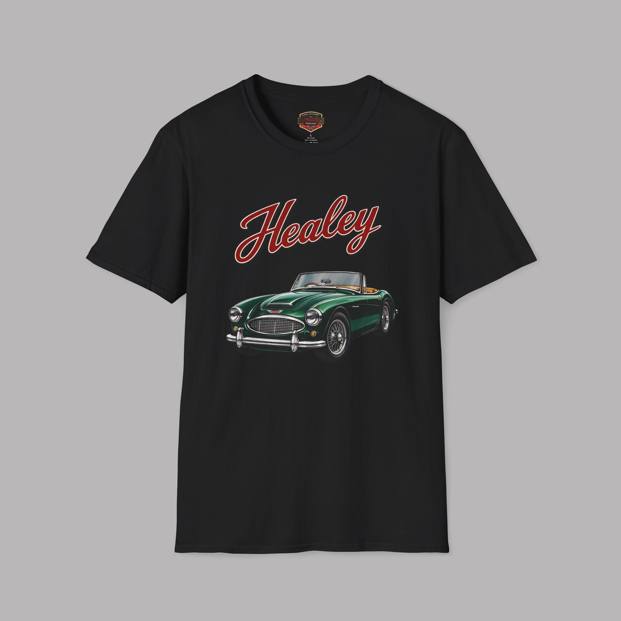 Black t-shirt with a green classic car graphic and 'Healey' text on a gray background
