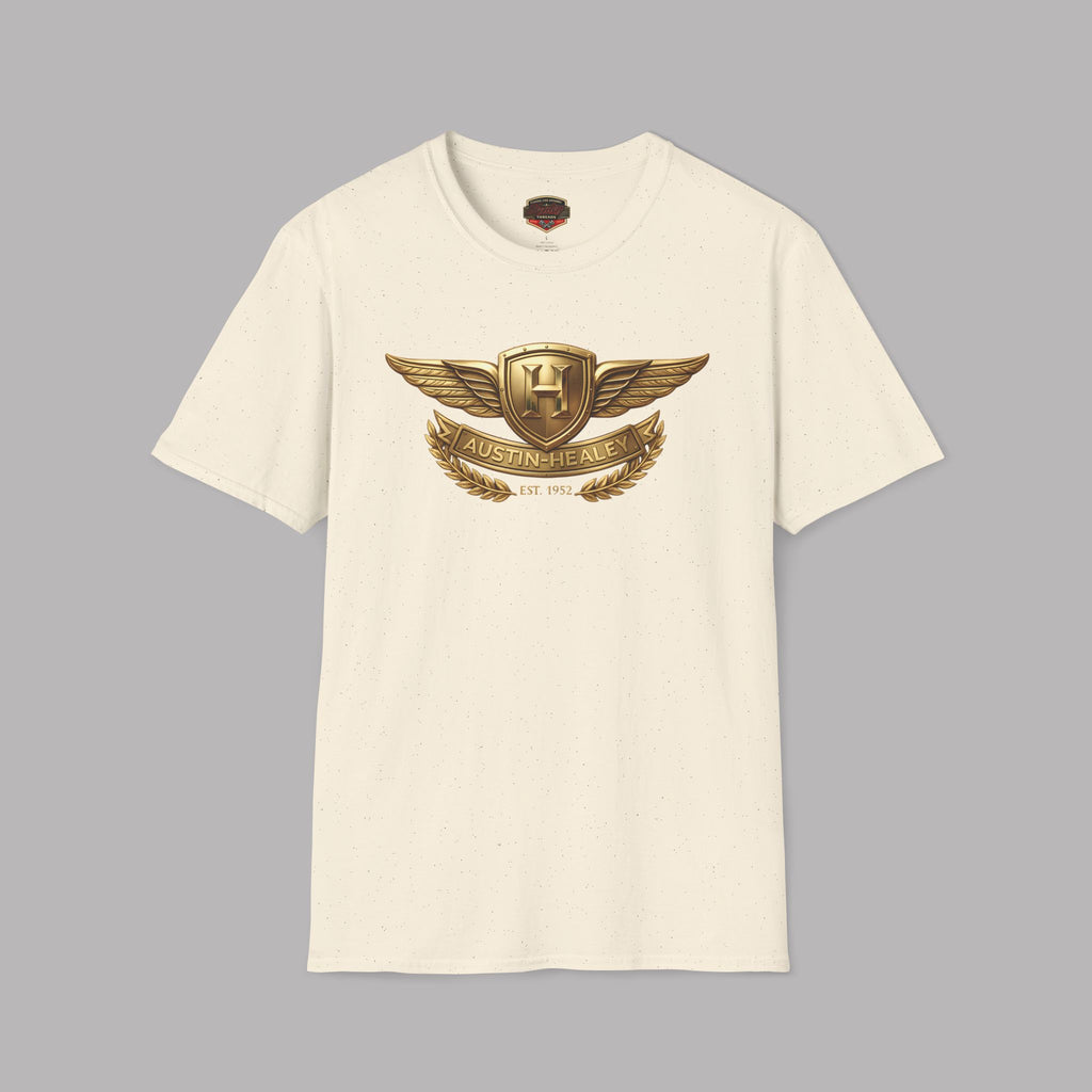 Natural t-shirt with gold Healey emblem on a gray background