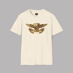 Natural t-shirt with gold Healey emblem on a gray background