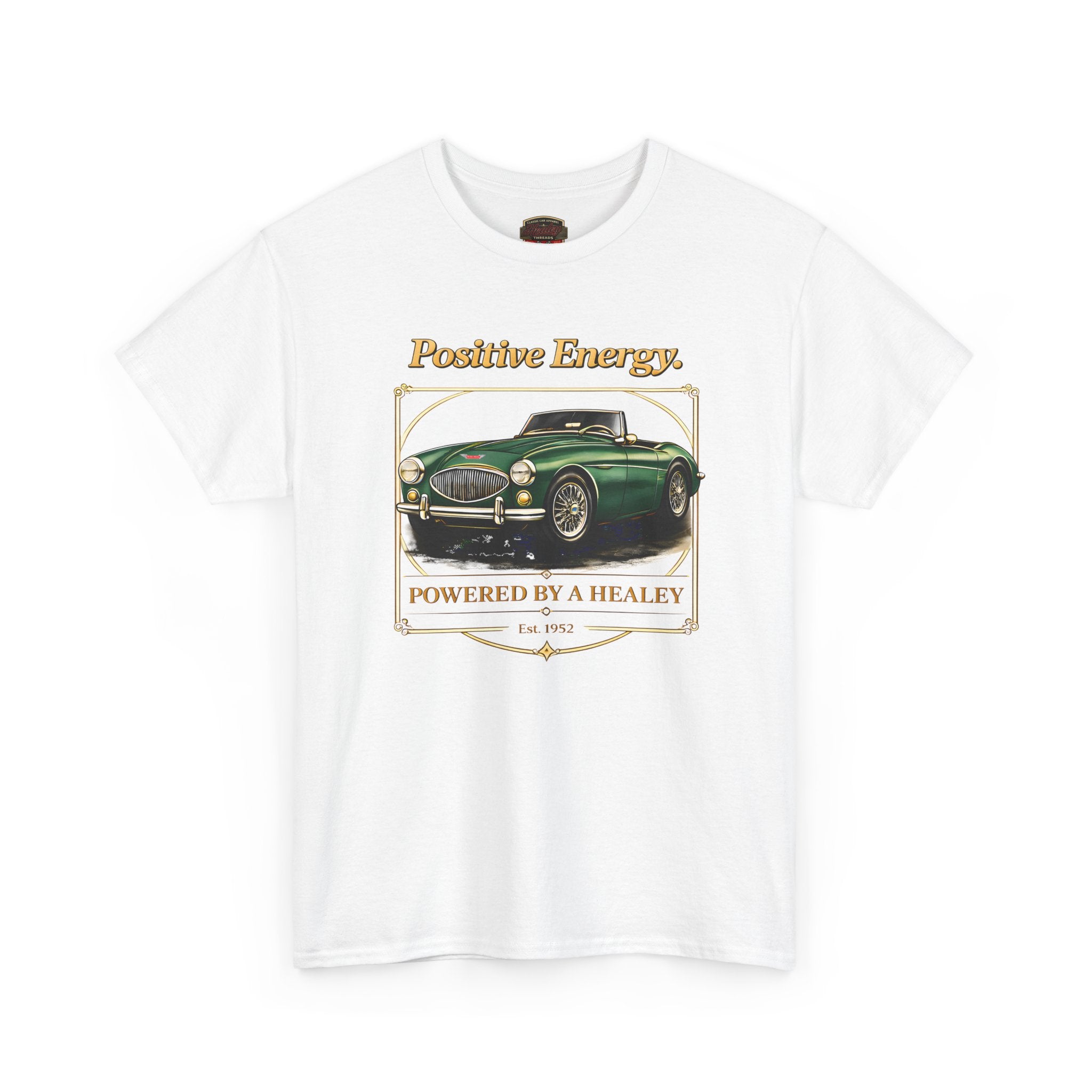 White t-shirt with a green classic car graphic and text on a white background