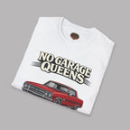 Folded white t-shirt with 'No Garage Queens' graphic design on a gray background