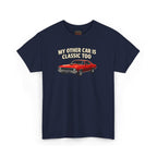 Navy blue t-shirt with a red car graphic and text on a white background
