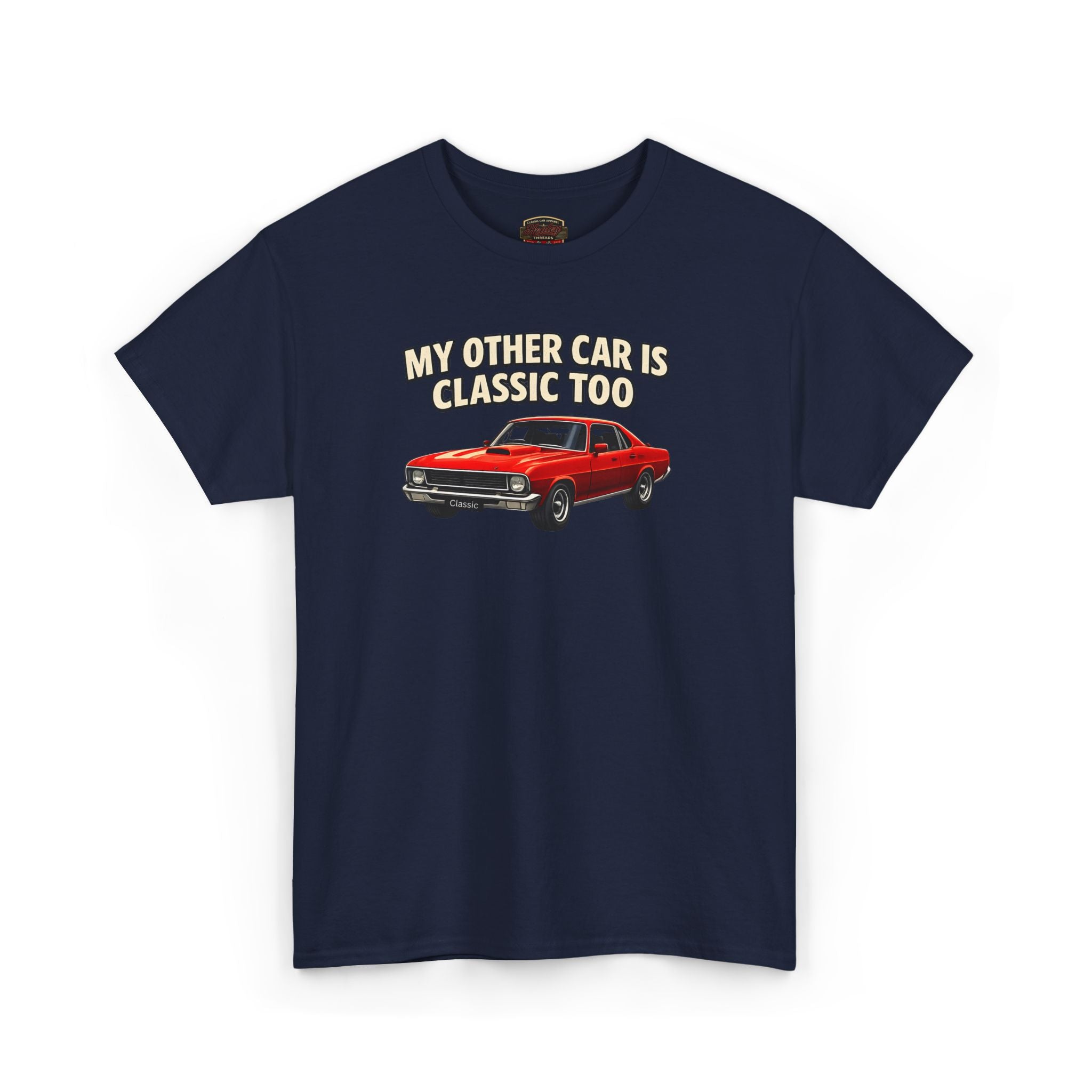 Navy blue t-shirt with a red car graphic and text on a white background