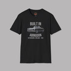 Black t-shirt with a classic car and gray text on a gray background